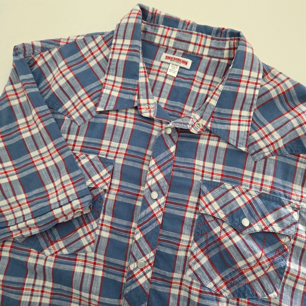 True Religion Western Shirt Blue Red Plaid Pearl Snap Button Short Sleeve 2XL